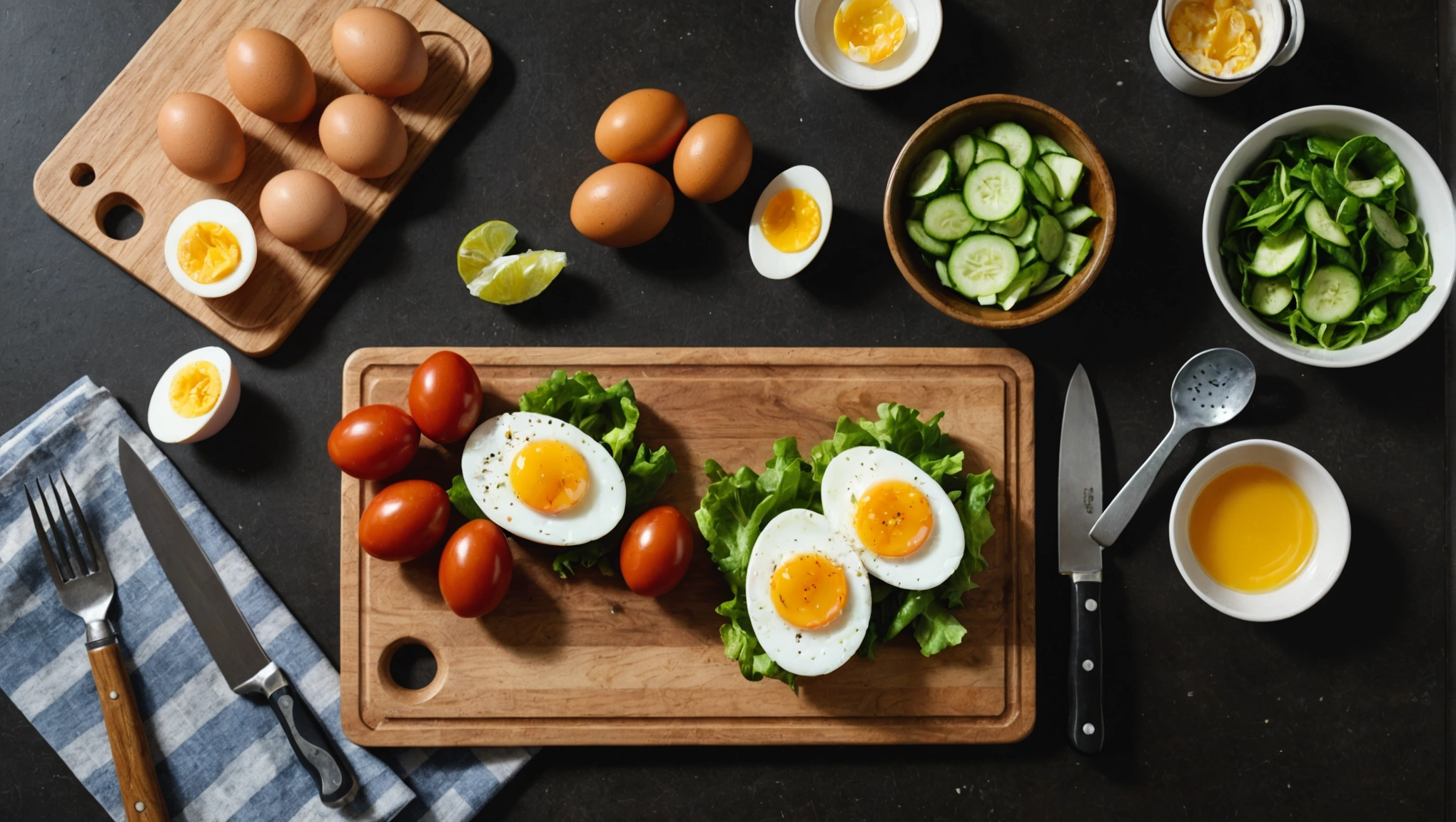 salade, condiment et oeufs sur une table